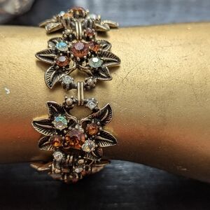 Florenza Bracelet Aurora Borealis Brown Rhinestone Vintage 7" Bar Clasp Bling